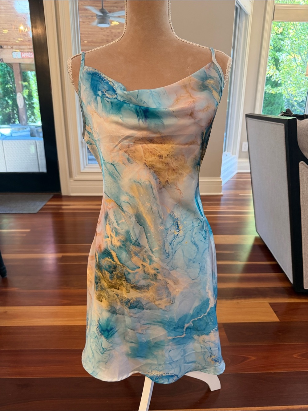 Blue Marble Print Slip Dress